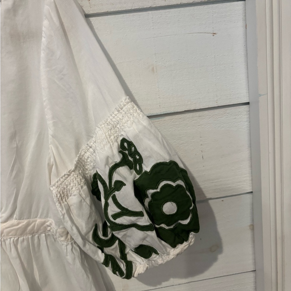 Anthropology Lithe White and Green 3/4 Sleeve Tie Front Blouse - Picture 9 of 13